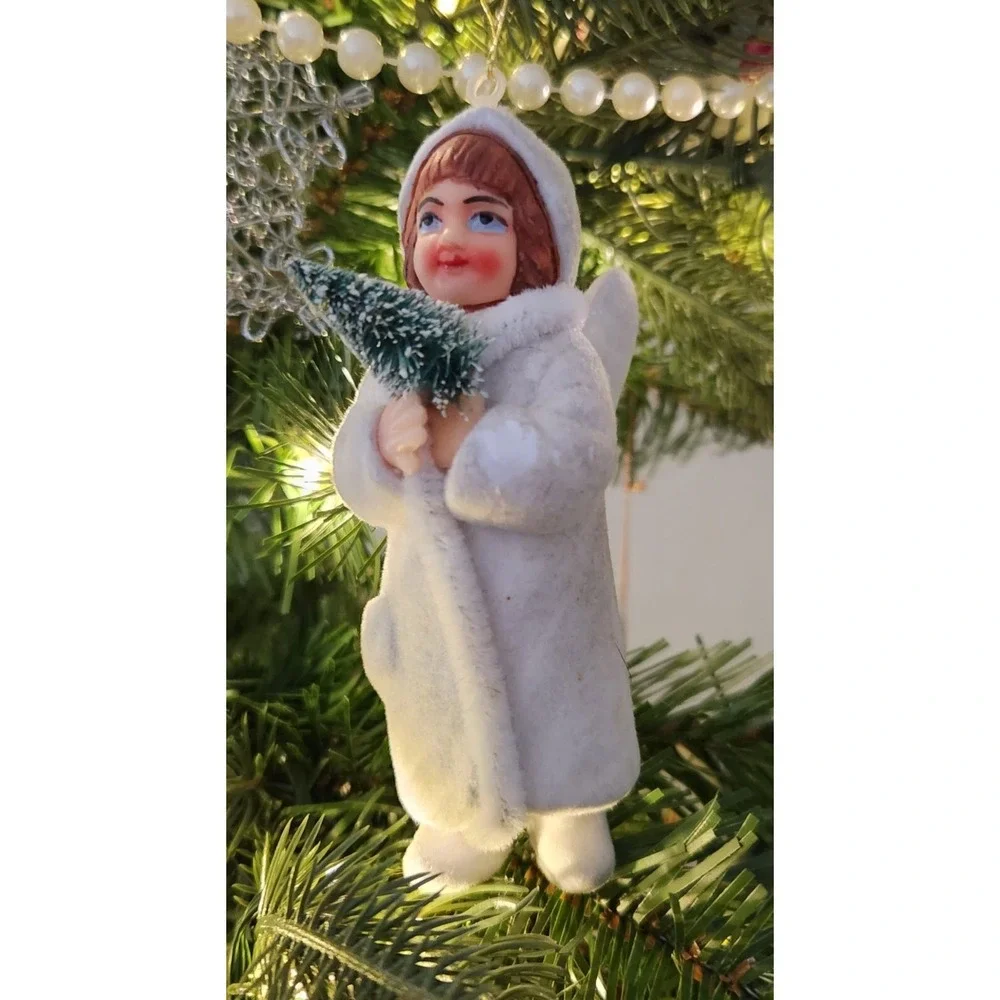 Christmas Tree Ornament Angel Holding‎ Tree Flocked Vintage Holiday Decoration